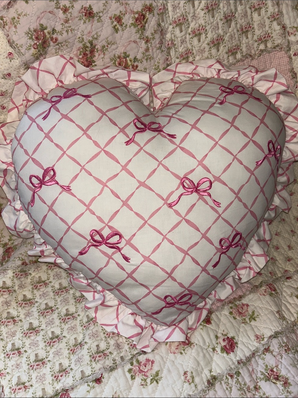 Shabby Chic Pink and White Heart Throw Pillow